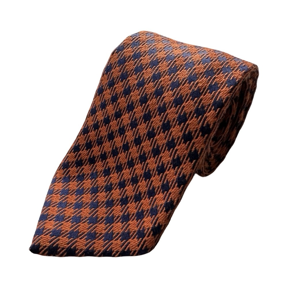 Charvet Orange Blue Houndstooth Wool Silk Mens Tie 3.5 Inch Width Made in France